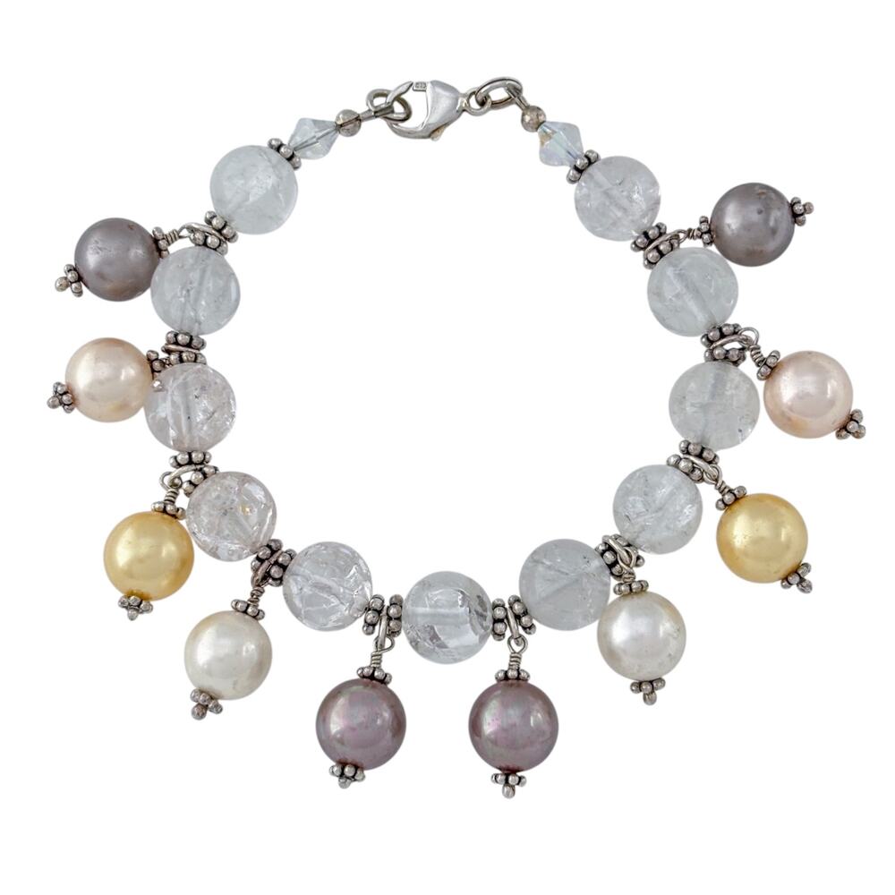 Vintage Sterling Silver 925 Quartz Imitation Pearl Bracelet 7.5" - Picture 3 of 9